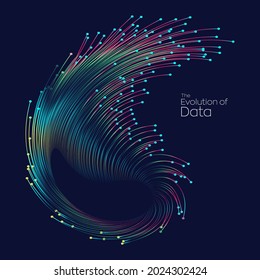 Evolution of data. Vector explosion colorful dot lines background. Data transfer, Social network, Internet databases. vector illustration use for quantum technology, digital, science, communication.