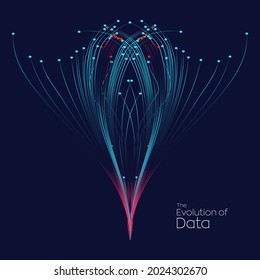 Evolution of data. Vector explosion colorful dot lines background. Data transfer, Social network, Internet databases. vector illustration use for quantum technology, digital, science, communication.