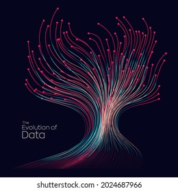 Evolution Of Data. Vector Explosion Colorful Dot Lines Background. Data Transfer, Social Network, Internet Databases. Vector Illustration Use For Quantum Technology, Digital, Science, Communication.