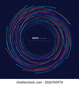 Evolución de los datos. Borde de colorido de líneas de puntos en la explosión del vector. Transferencia de datos, red social, bases de datos de Internet. uso de ilustraciones vectoriales para tecnología cuántica, digital, ciencia, comunicación.