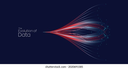 Evolution of data. Vector explosion motion dots lines background. Small particles strive out of center. vector illustration use for quantum technology, digital, science, music, communication.