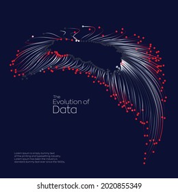 Evolution of data. Vector explosion motion dots lines background. Small particles strive out of center. vector illustration use for quantum technology, digital, science, music, communication.
