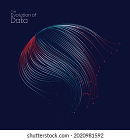 Evolution of data. Vector explosion motion dots lines background. Small particles strive out of center. vector illustration use for quantum technology, digital, science, music, communication.