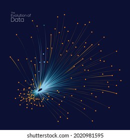 Evolution of data. Vector explosion motion dots lines background. Small particles strive out of center. vector illustration use for quantum technology, digital, science, music, communication.