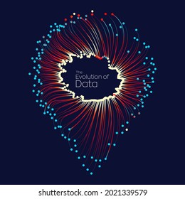 Evolution of data. Vector explosion motion dots lines background. Small particles strive out of center. vector illustration use for quantum technology, digital, science, music, communication.
