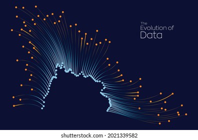 Evolution of data. Vector explosion motion dots lines background. Small particles strive out of center. vector illustration use for quantum technology, digital, science, music, communication.