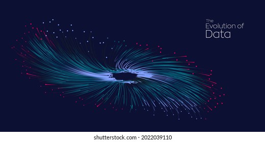 Entwicklung der Daten. Vektorexplosionsbewegungspunkte Linien Hintergrund. Kleine Partikel verschwinden aus der Mitte. Vektorgrafik-Nutzung für Quantentechnologie, Digitaltechnik, Wissenschaft, Musik, Kommunikation.