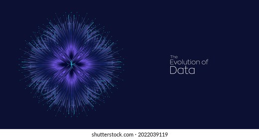 Evolution of data. Vector explosion motion dots lines background. Small particles strive out of center. vector illustration use for quantum technology, digital, science, music, communication.