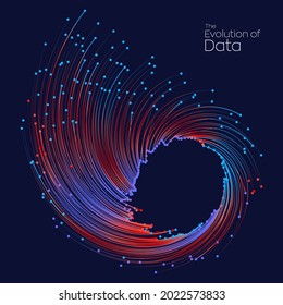 Evolution of data. Vector explosion motion dots lines background. Small particles strive out of center. vector illustration use for quantum technology, digital, science, music, communication.