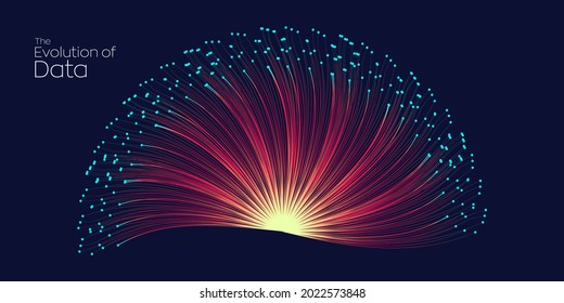 Evolution of data. Vector explosion motion dots lines background. Small particles strive out of center. vector illustration use for quantum technology, digital, science, music, communication.