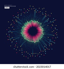 Evolution of data. Vector explosion motion dots lines background. Small particles strive out of center. vector illustration use for quantum technology, digital, science, music, communication.