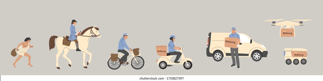 Evolution of delivery. Deliverer of goods in different epochs from ancient to modern. Horizontal vector flat illustration.