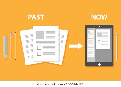 Evolution Of Devices From Paper To Smart Gadget, Innovation Digital Concept Document Pass To Tablet Screen Display, Future Technology Device, Icon, Symbol, Object, Pen, Flat Style Cartoon Vector