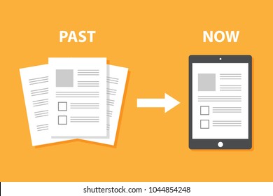 Evolution Of Devices From Paper To Smart Gadget, Innovation Digital Concept Document Pass To Tablet Screen Display, Future Technology Device, Icon, Symbol, Object, Paperless, Flat Style Cartoon Vector