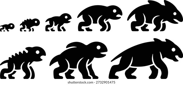 Evolução das silhuetas de dinossauros de criaturas pequenas para criaturas gigantes