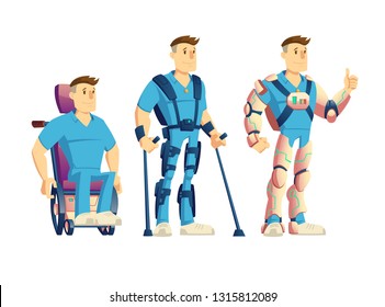 Evolution of exoskeletons for disabled people cartoon vector concept. Man in powered wheelchair, standing with crutches and robotic suit, showing thumbs up while using innovative exosuit illustration