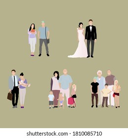 Evolution family from dating to appear grandchildren. Vector generation human life, character cartoon child, baby, parents. Illustration of aging stage dating wedding and baby birth