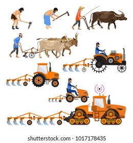 Evolution of the farm tractor. Collection of vector illustrations for infographics isolated