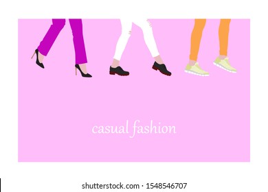 evolution of fashion in women's shoes, from high-heeled shoes to boots and comfortable sneakers, concept on a pink background. Women's feet go forward, flat style place for text.