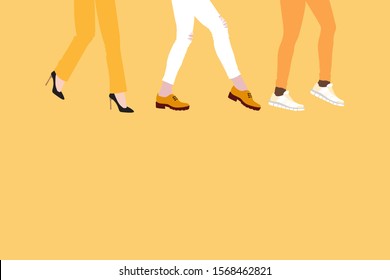 Evolution Of Fashion In Women's Shoes, From High-heeled Shoes To Boots And Comfortable Sneakers, Concept On Yellow Background. Women's Feet Go Forward, Flat Style Place For Text.