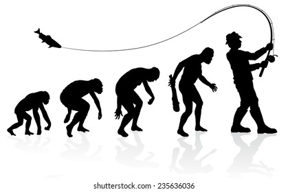 Evolution Of The Fisherman. Great Illustration Of Depicting The Evolution Of A Male From Ape To Man To Fisherman In Silhouette. 