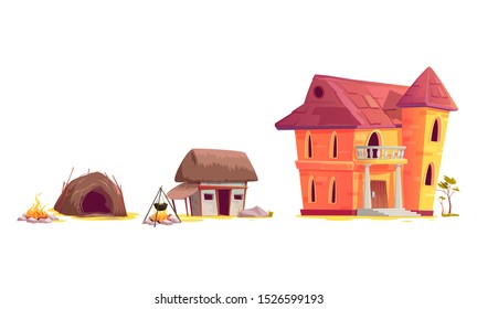 Evolution of house architecture, cartoon vector illustration. Human home dwelling development process, hut of branches icon, medieval rural house, old stone mansion isolated on white