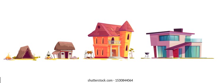 Evolution of house architecture, cartoon vector illustration. Human home dwelling development process, hut of branches icon, medieval rural house, old stone mansion and modern concrete villa isolated