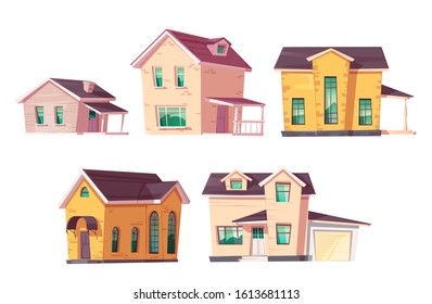 Evolution house architecture set. Dwellings time line from single story construction to modern cottage front view isolated on white background. Housing technology progress Cartoon vector illustration