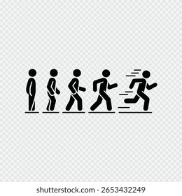 Evolução do movimento humano de pé para correr ilustrado com ícones de figura de vara preta no fundo transparente