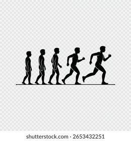 Evolução do movimento humano de pé para correr ilustrado com ícones de figura de vara preta no fundo transparente