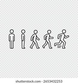 Evolução do movimento humano de pé para correr ilustrado com ícones de figura de vara preta no fundo transparente