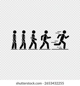 Evolution of human movement from standing to running illustrated with black stick figure icons on transparent background