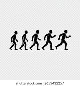 Evolução do movimento humano de pé para correr ilustrado com ícones de figura de vara preta no fundo transparente