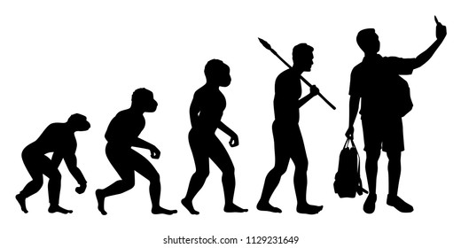 Evolution of human from primitive to present. Stone age man become to Young man with phone and backpack. people silhouette vector.