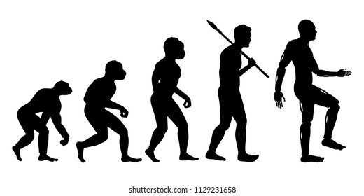 Evolution Of Human From Primitive To Present. Stone Age Man Become To Robot. People Silhouette Vector.