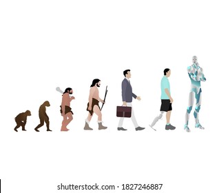 Evolution human to robot cyborg, history man evolve. Vector ancestor development mankind, illustration progress primate and animal to ai