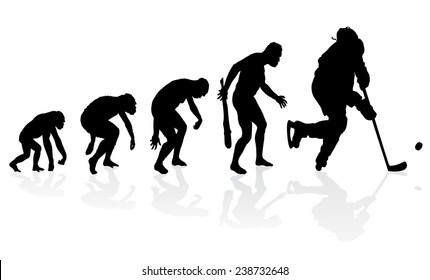 Evolution of the Ice Hockey Player. Great illustration of depicting the evolution of a male from ape to man to Ice Hockey Player in silhouette.