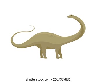 Evolution of life forms on Earth. Sticker with herbivorous dinosaur. Extinct brachiosaur with long neck. Triassic period of Mesozoic Era. Cartoon flat vector illustration isolated on white background