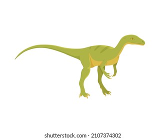 Evolution of life forms on Earth concept. Sticker with small extinct dinosaur. Predatory microceratops. Triassic period of Mesozoic Era. Cartoon flat vector illustration isolated on white background