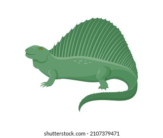 Evolution of life forms on Earth. Sticker with green Ctenospondyl with sail on back. Extinct dinosaur. Permian period of Paleozoic Era. Cartoon flat vector illustration isolated on white background