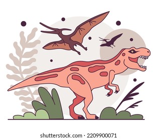 Evolution of life forms on Earth concept. Ancient extinct gigantic reptiles. Pteranodon and Tyrannosaurus rex. Mesozoic era creatures. Flat vector illustration