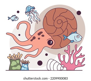 Evolution Of Life Forms On Earth. Paleozoic Era. Ancient Mollusca, Jellyfish And First Vertebrate Fish. Extinct Animal, Undersea Life. Flat Vector Illustration