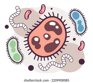 Evolución de las formas de vida en la Tierra. Primeros microorganismos, células y bacterias. Primeras formas de vida que se desarrollan en la Tierra. Ilustración vectorial plana