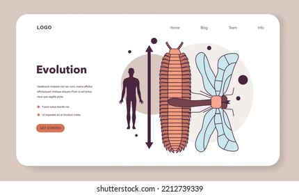 Evolution of life forms on Earth. Paleozoic era. Ancient trilobite and meganeura. Extinct gigantic animal compared to human high. Flat vector illustration