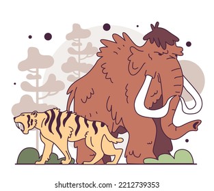 Evolution Of Life Forms On Earth Concept. Prehistoric And Extinct Mammals. Mammoth And Saber Toothed Tiger, Paleolithic Or Ice Age Creatures. Flat Vector Illustration