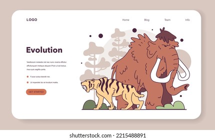 Evolution of life forms on Earth concept. Prehistoric and extinct mammals. Mammoth and saber toothed tiger, Paleolithic or Ice age creatures. Flat vector illustration