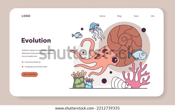 Evolution of life forms on Earth.\
Paleozoic era. Ancient mollusca, jellyfish and first vertebrate\
fish. Extinct animal, undersea life. Flat vector\
illustration