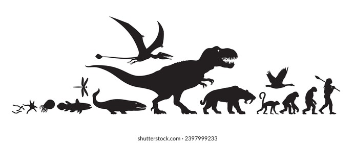 Evolution of life on Earth, silhouette. Timeline of evolution from prehistoric animals, dinosaurs to cave man. Human development. Hand drawn vector illustration.