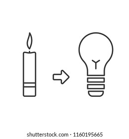 Evolution of light. Candle and light bulb. Lighting before and now. Concept of progress. Simple linear style vector icon. Isolated on white background. Editable stroke. Illustration,eps 10.