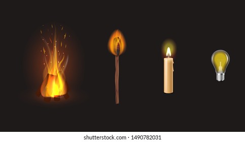 Evolution of light vector illustration. Infographic from bonfire and candle to led lamp innovation technologies. Different kinds of lightening on black background. Lighted darkness.